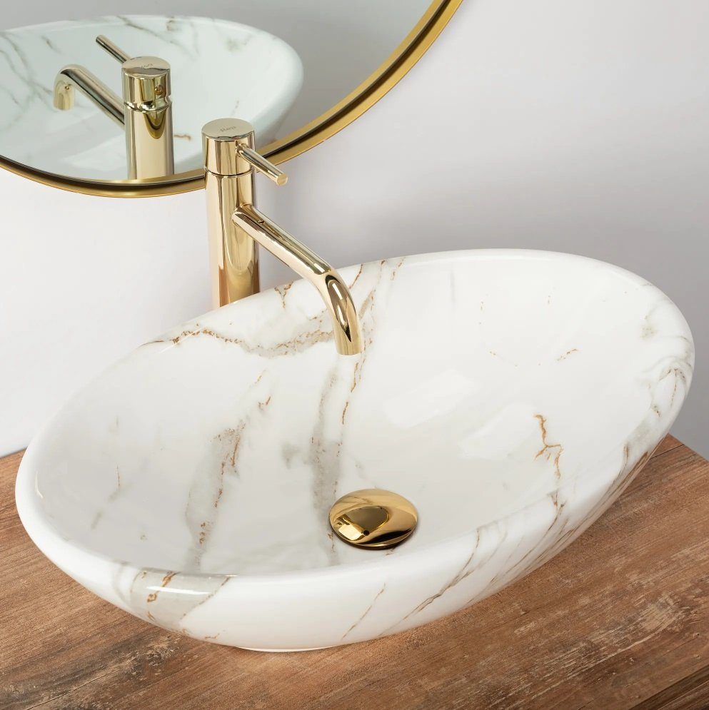 Badezimmer Rea Aufsatzwaschbecken Waschbecken Marmor Optik 53x33cm Pamela Aiax