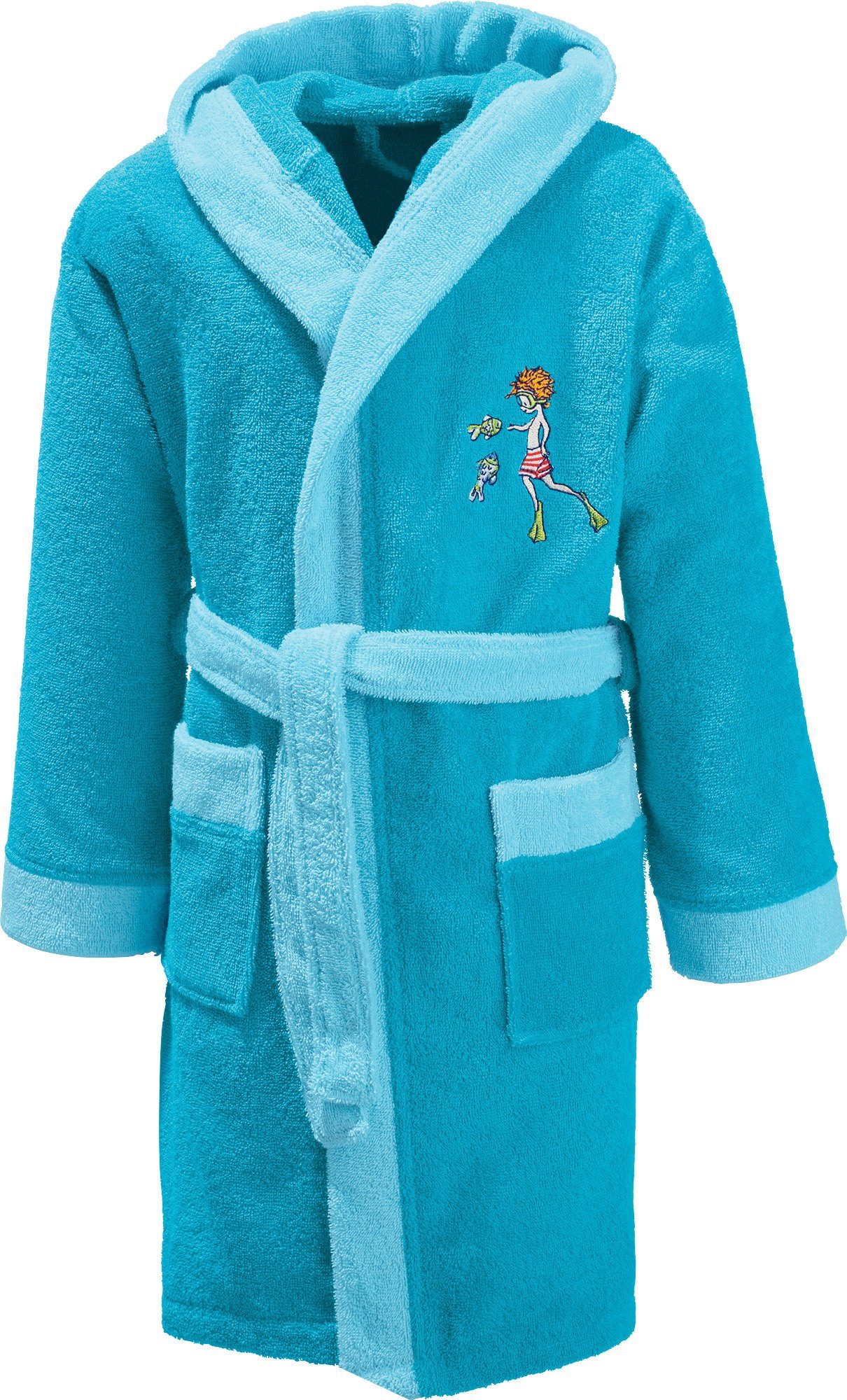 Erwin Müller Kinderbademantel Kinder-Bademantel mit Kapuze, Rückenlänge: 67 cm, Frottier, mit Kapuze, default, Walk-Frottier Uni, Motiv: Taucher