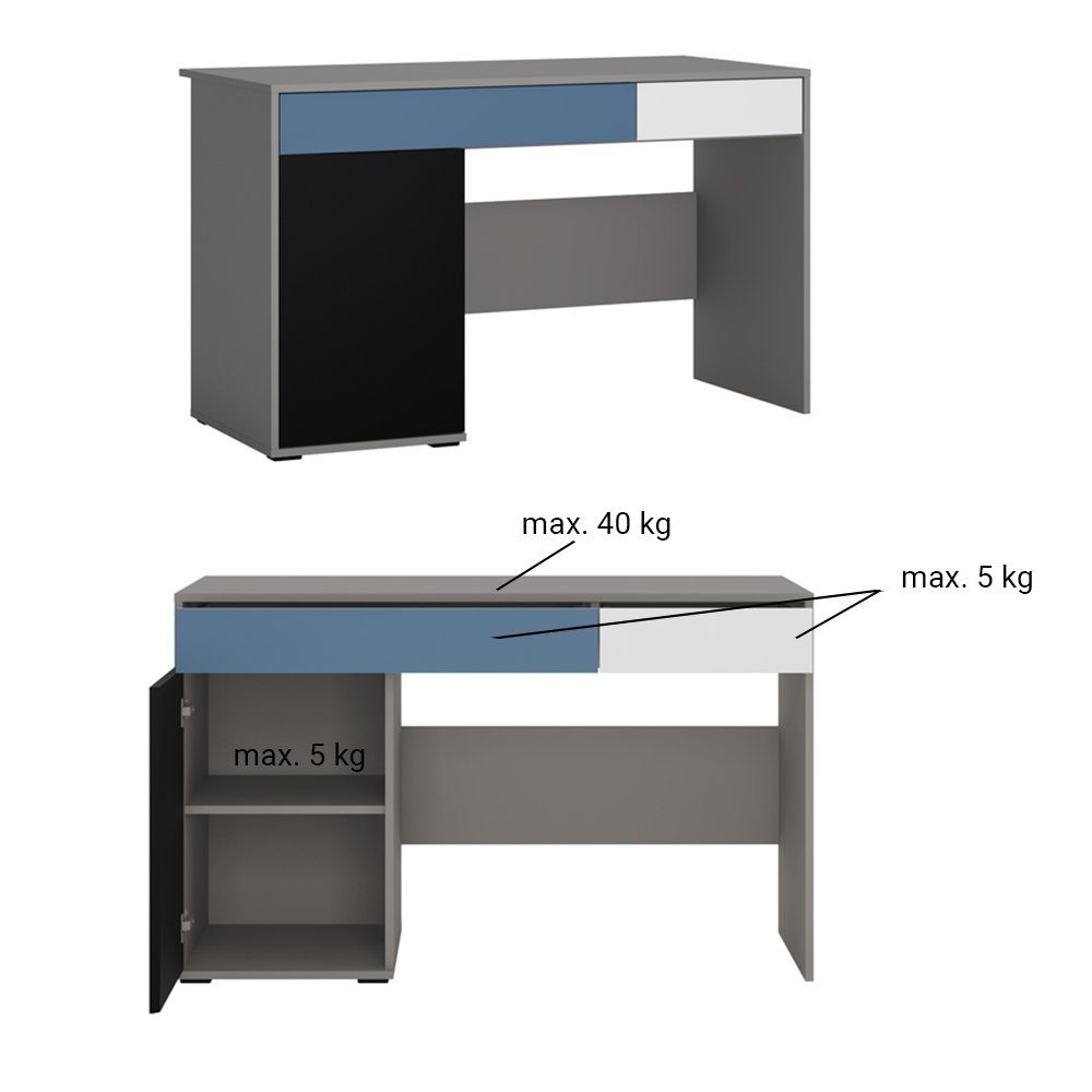 Lomadox Jugendzimmer-Set LIIVA-129, (Sparset, 5-tlg), Grau Platin, Perlschwarz, Alpinweiß, Himmelblau, Liegefläche 90x200 cm