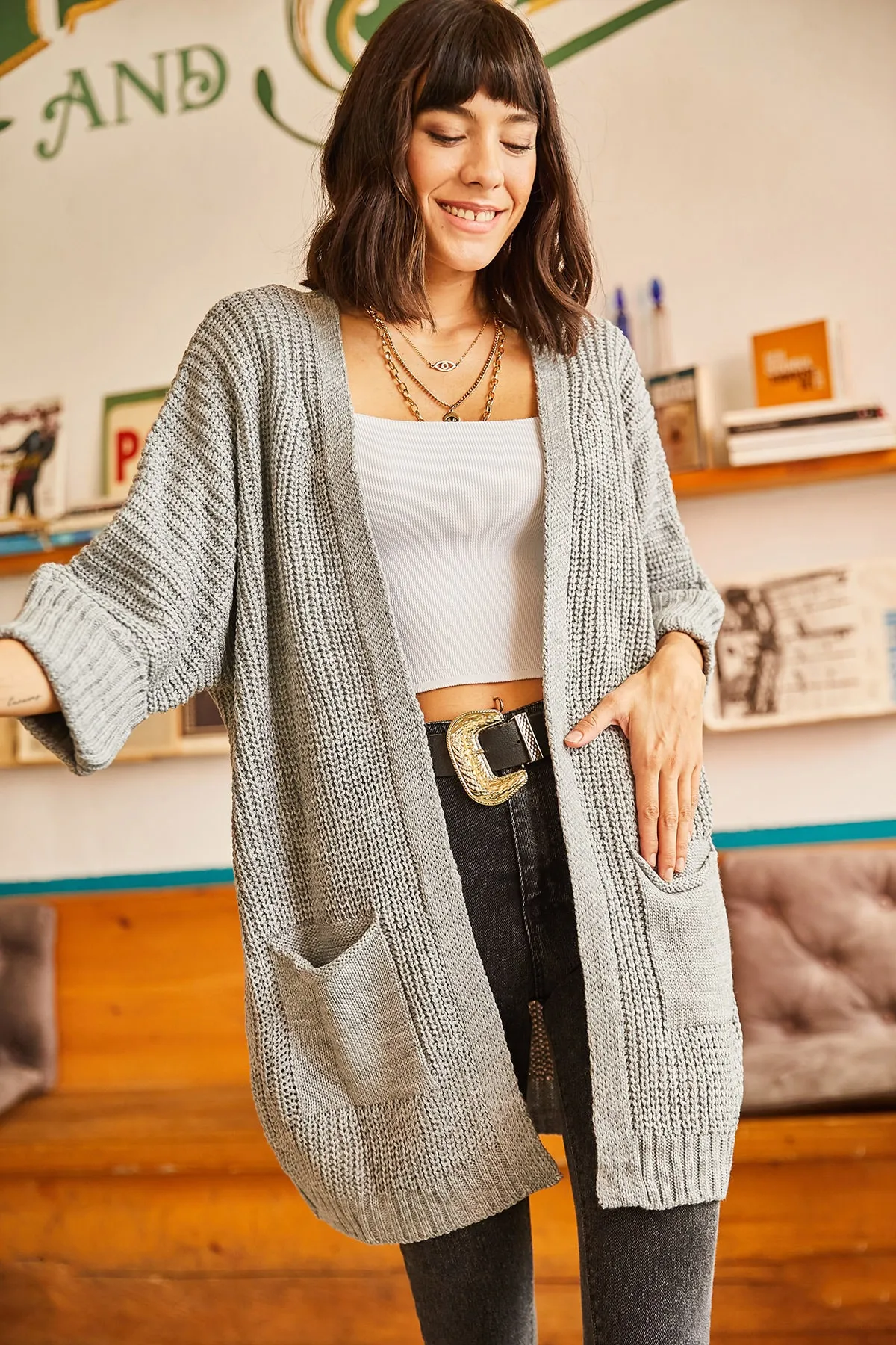 Olalook  Graue Strickjacke mit gefalteten Armtaschen für Damen HRK-19000123