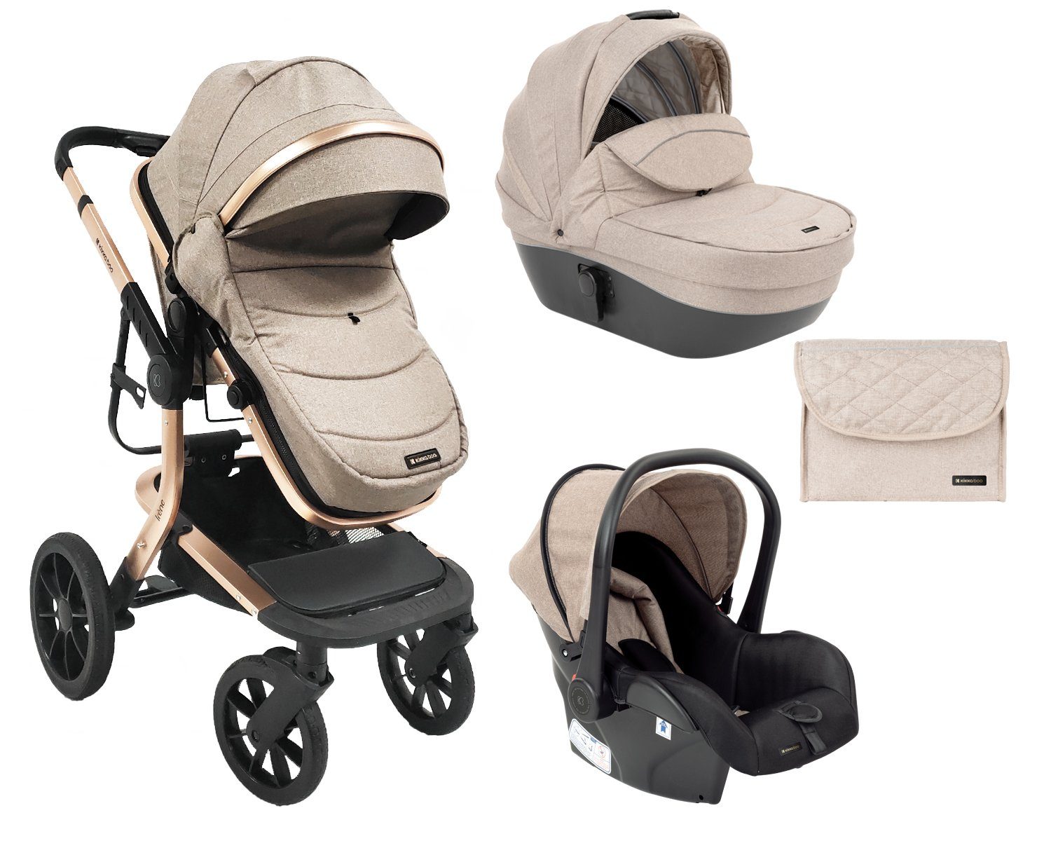 Kikkaboo Kombi-Kinderwagen Kombikinderwagen Irene 3 in 1, Babywanne Autositz Adapter Wickeltasche