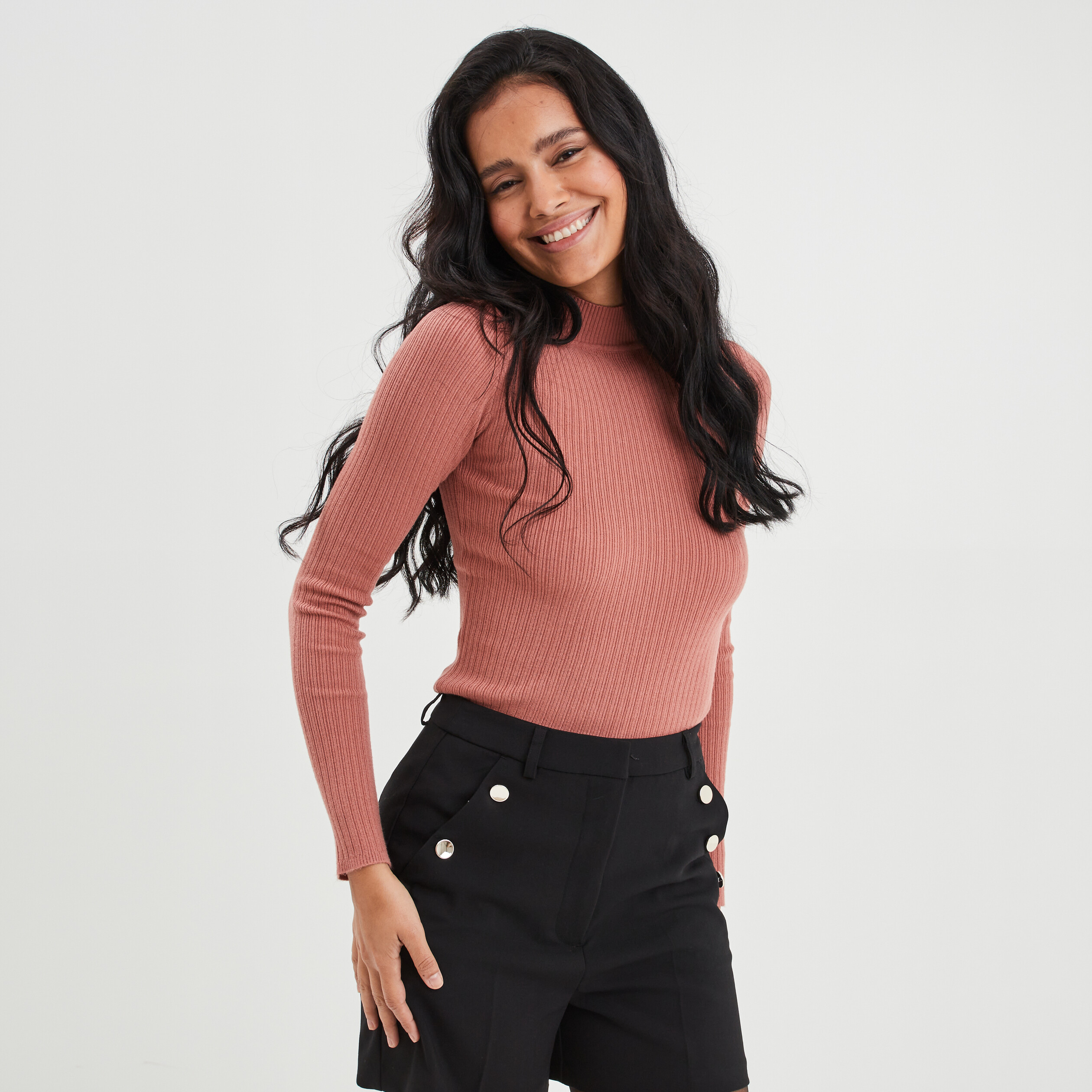 Pull côtelé col montant terracotta femme | La Halle