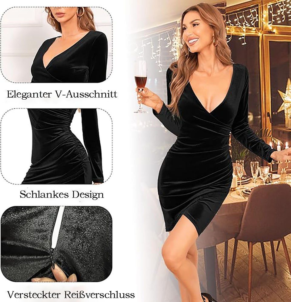 YYV Skort Damen Elegant Partykleid Samt,V Ausschnitt Langarm Minikleid Abendkleid Bodycon Kleid mit Schlitz Kleider Eng Festlich Winterkleid