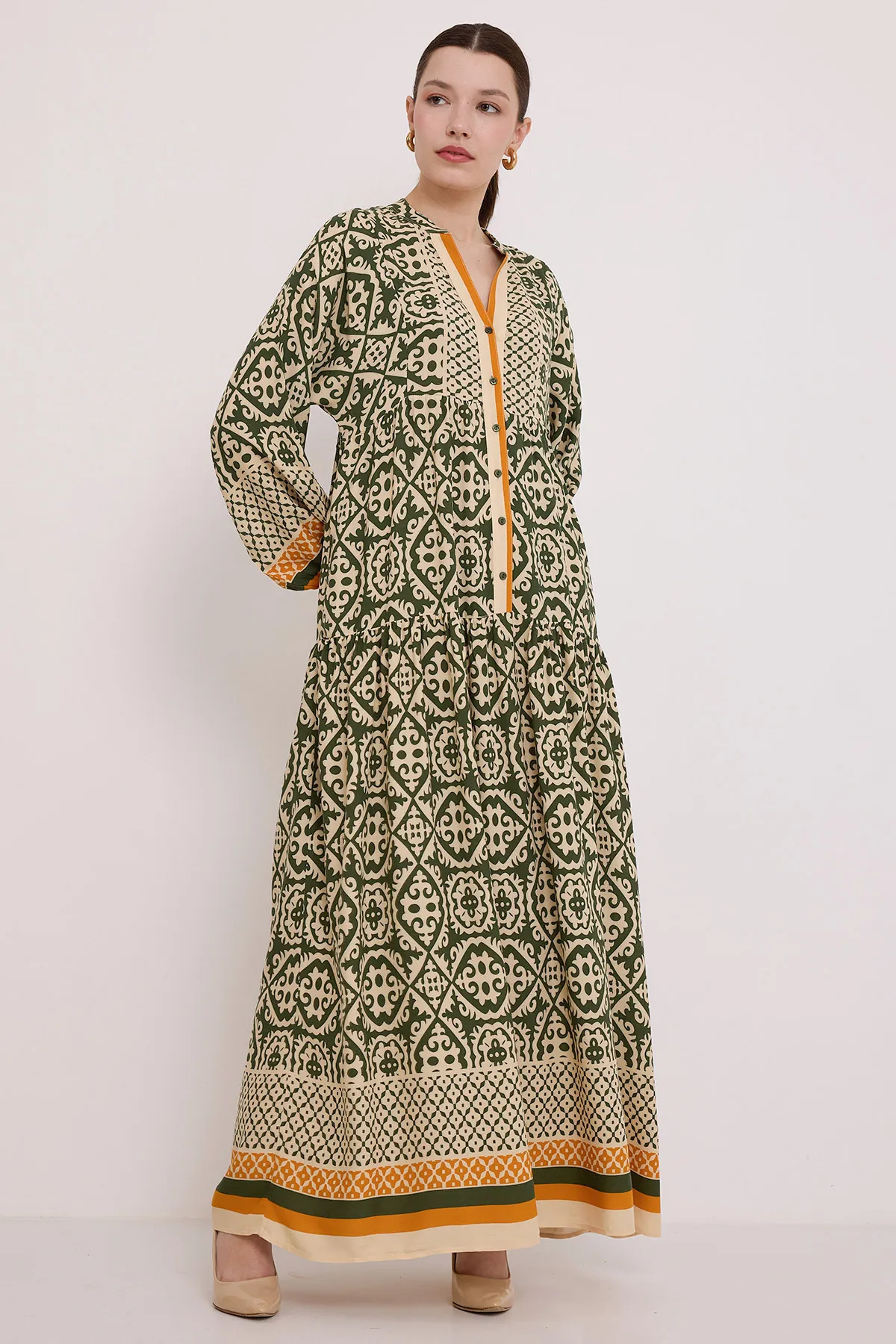 Bigdart  Beige-grünes Viskose-Hijab-Kleid für Damen 2423