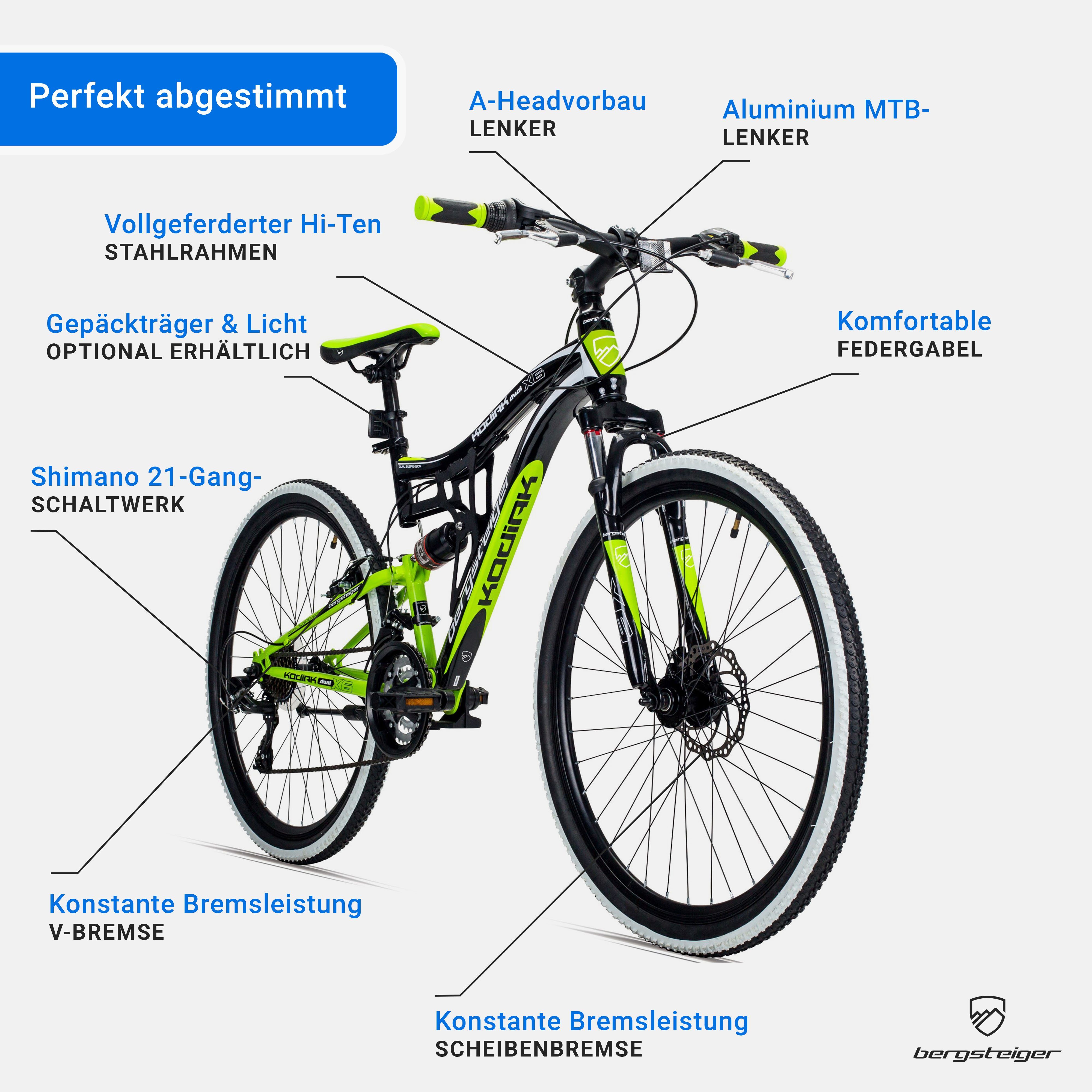 bergsteiger Mountainbike Kodiak 26, 29 Zoll Mountainbike, geeignet ab 150 cm, 21 Gang Shimano Tourney RD-TY300 Schaltwerk, Kettenschaltung
