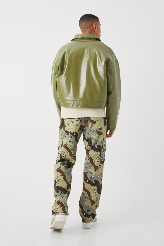 Kastige hochglänzende PU Harrington-Jacke