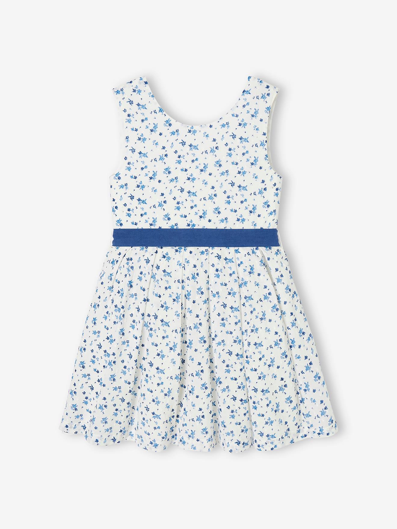 Robe de cérémonie à fleurs et plumetis fille ceinture nouée au dos écru