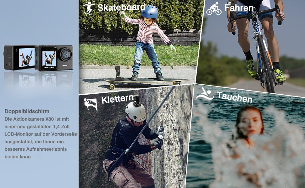 Apexcam X80 Action Cam (4K 60FPS 24MP Ultra HD, WLAN (Wi-Fi), mit Tasche, zwei Akkus, zwei Ladegeräten, Unterwasserkamera 40M, WiFi Fernbedienung, Dualscreen Touchscreen)