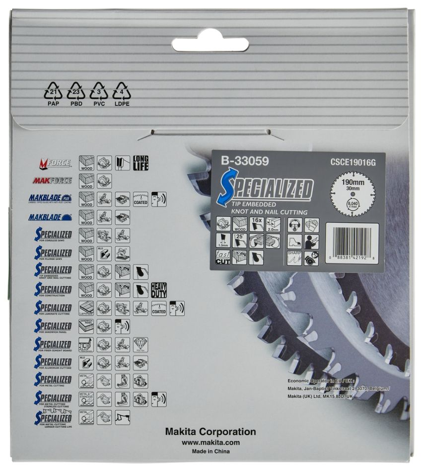 Makita pribor B-33059 Ugrađeni vrh kružne pile za drvene čvorove/čavle ATB 190 x 30 x 2 mm T16