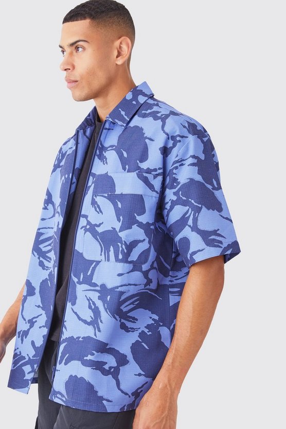 Kastiges Oversize Camouflage Hemd mit Reißverschluss