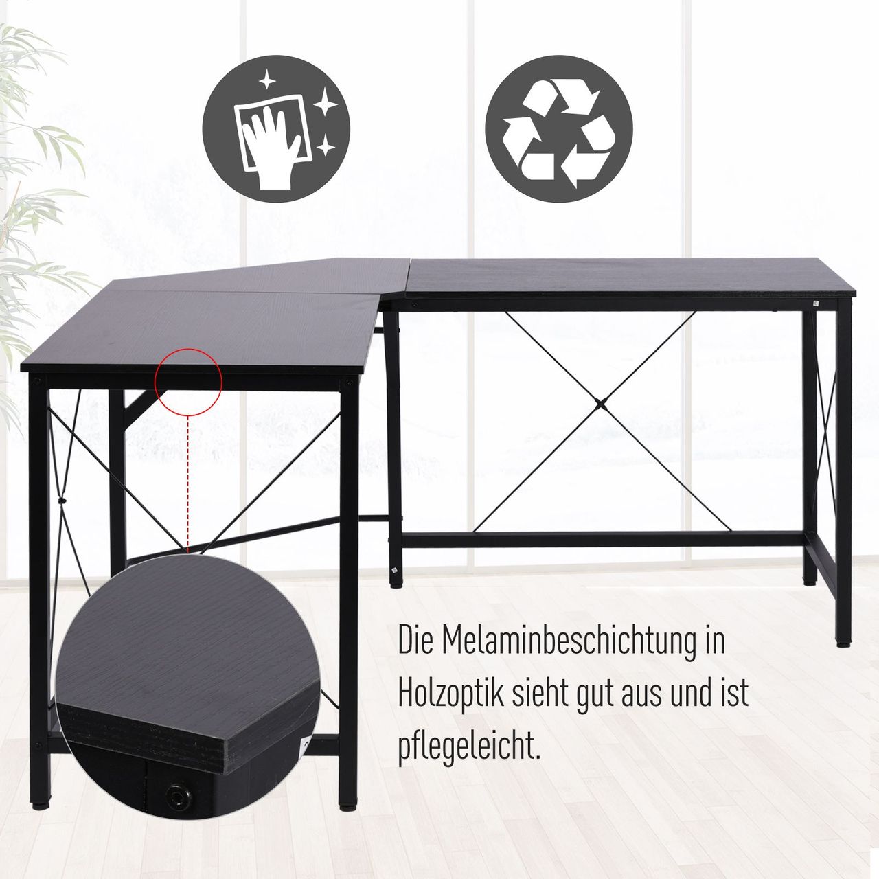 HOMCOM Computertisch L-Form Eckschreibtisch Winkelschreibtisch MDF Schwarz 150 x 150 x 76 cm