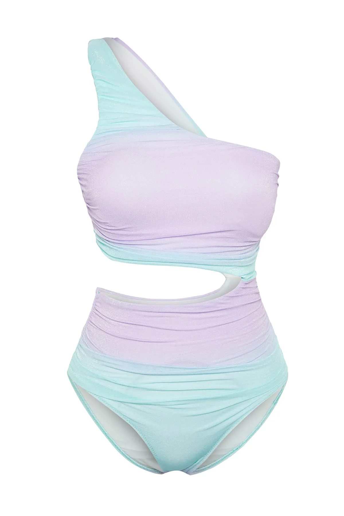 Trendyol Collection  Gemusterter, einschultriger, drapierter, normaler Badeanzug mit hohem Beinausschnitt und Farbverlauf TBESS23MA00402
