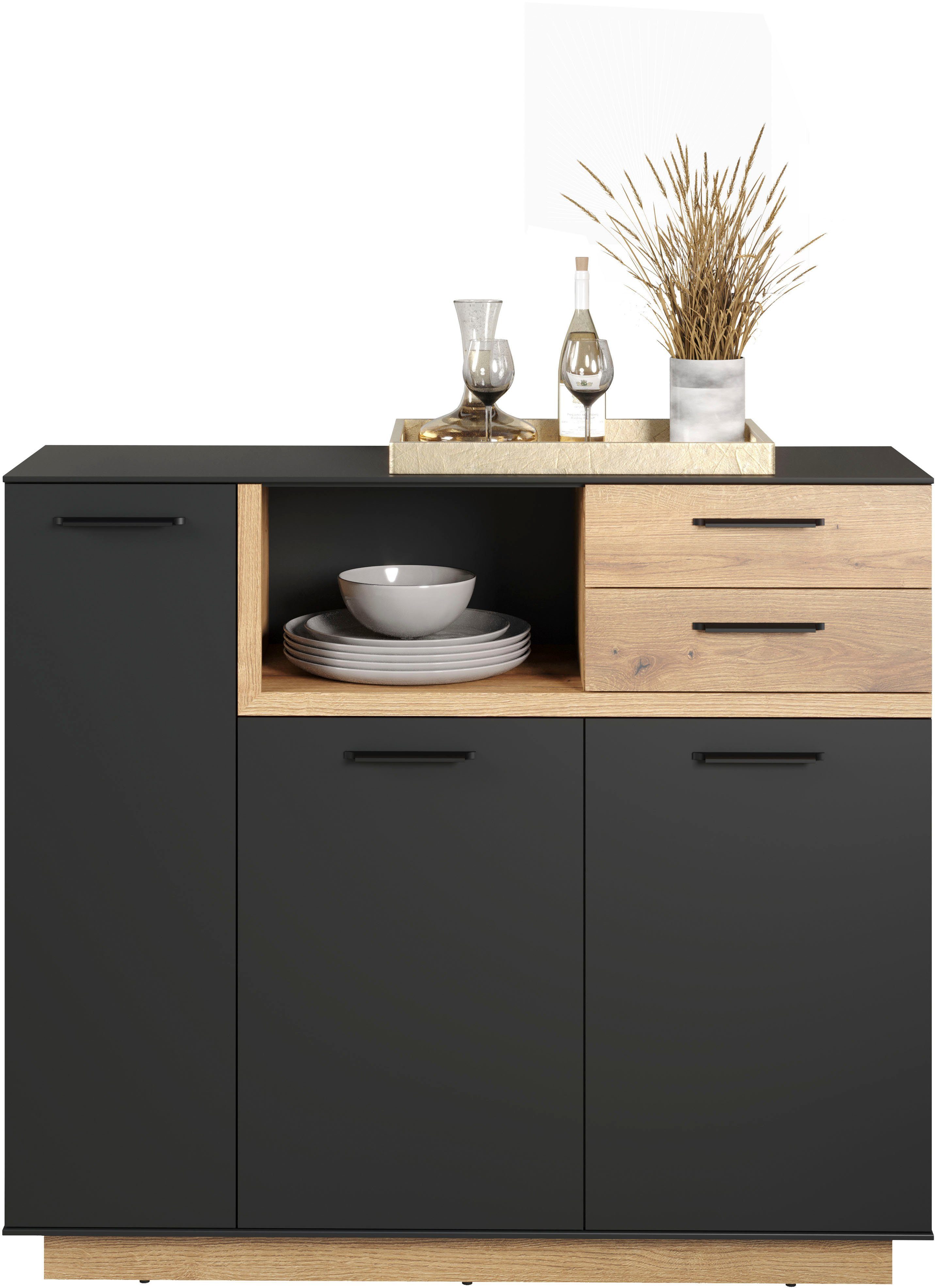 INOSIGN Highboard Premont (1 St), ca. 128 cm breit, zweifarbiger Schrank, moderne Eiche, stehend