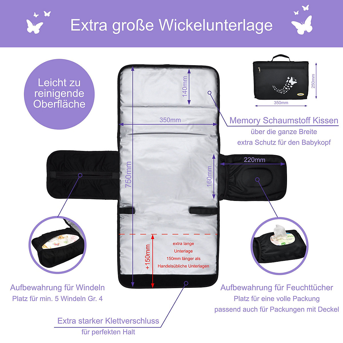 Große Wickelunterlage mit Schmetterlingsmuster ideal für unterwegs mit Babys inkl. 2x Kinderwagenhaken