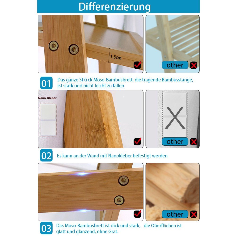 HAUOO Badregal Toilettenregal Badezimmerregal Badregal Bambus Bad Waschküche Regal, einstellen