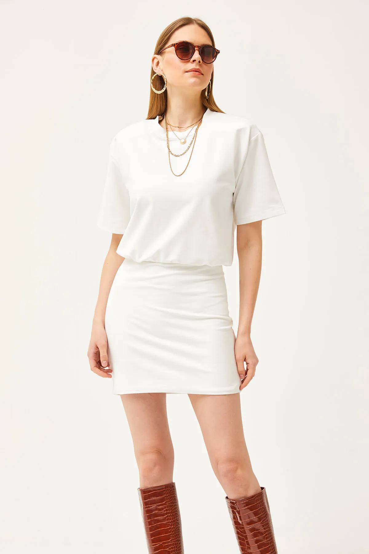 Olalook  Weißer Rock für Damen, doppellagiges Oberteil, fließendes Kleid ELB-19002062