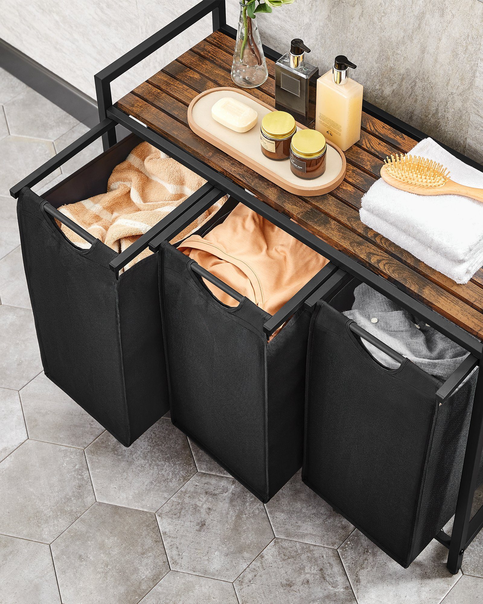 VASAGLE Wäschekorb, 3 Fächer, mit Ablage, ausziehbar und abnehmbar, 3 x 38 L