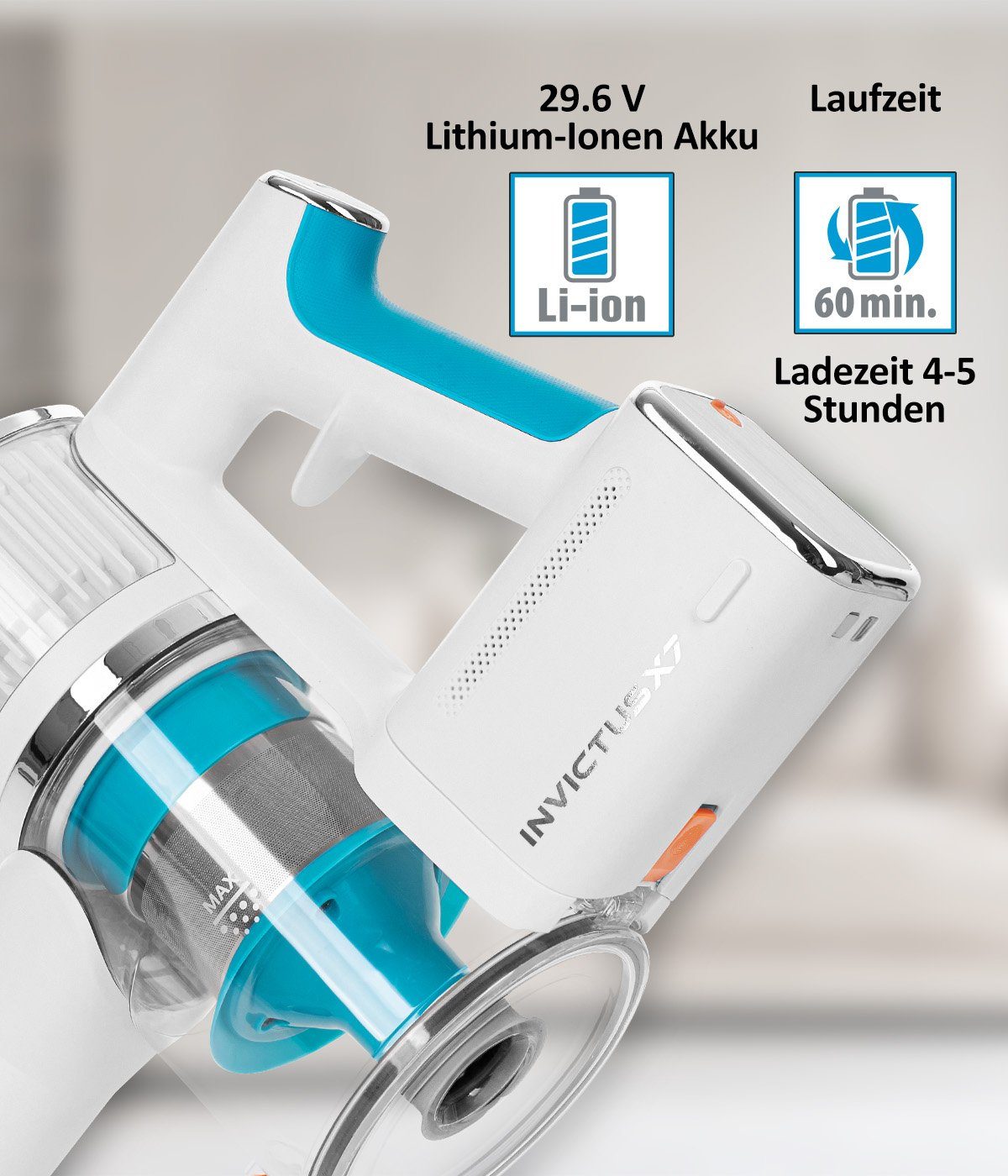 Genius Akku-Hand-und Stielstaubsauger INVICTUS X7 FACELIFT Akkusauger Set 12-tlg. Memory Funktion, 380,00 W, beutellos HEPA Filter, bis zu 60 Min Laufzeit Ultra leicht LED Licht Elektrobürste