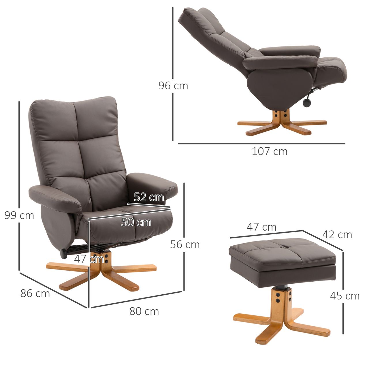 HOMCOM Relaxsessel Fernsehsessel 360° drehbarer Sessel mit Hocker Liegefunktion Holzgestell Braun 80 x 86 x 99cm