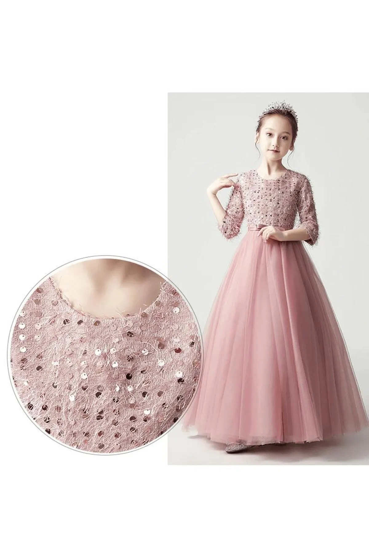Mashotrend  Bled Abendkleid für Mädchen mit Pailletten und Fransen – Tarlatan Kinder-Abendkleid Langarm-Abendkleid für Mädchen