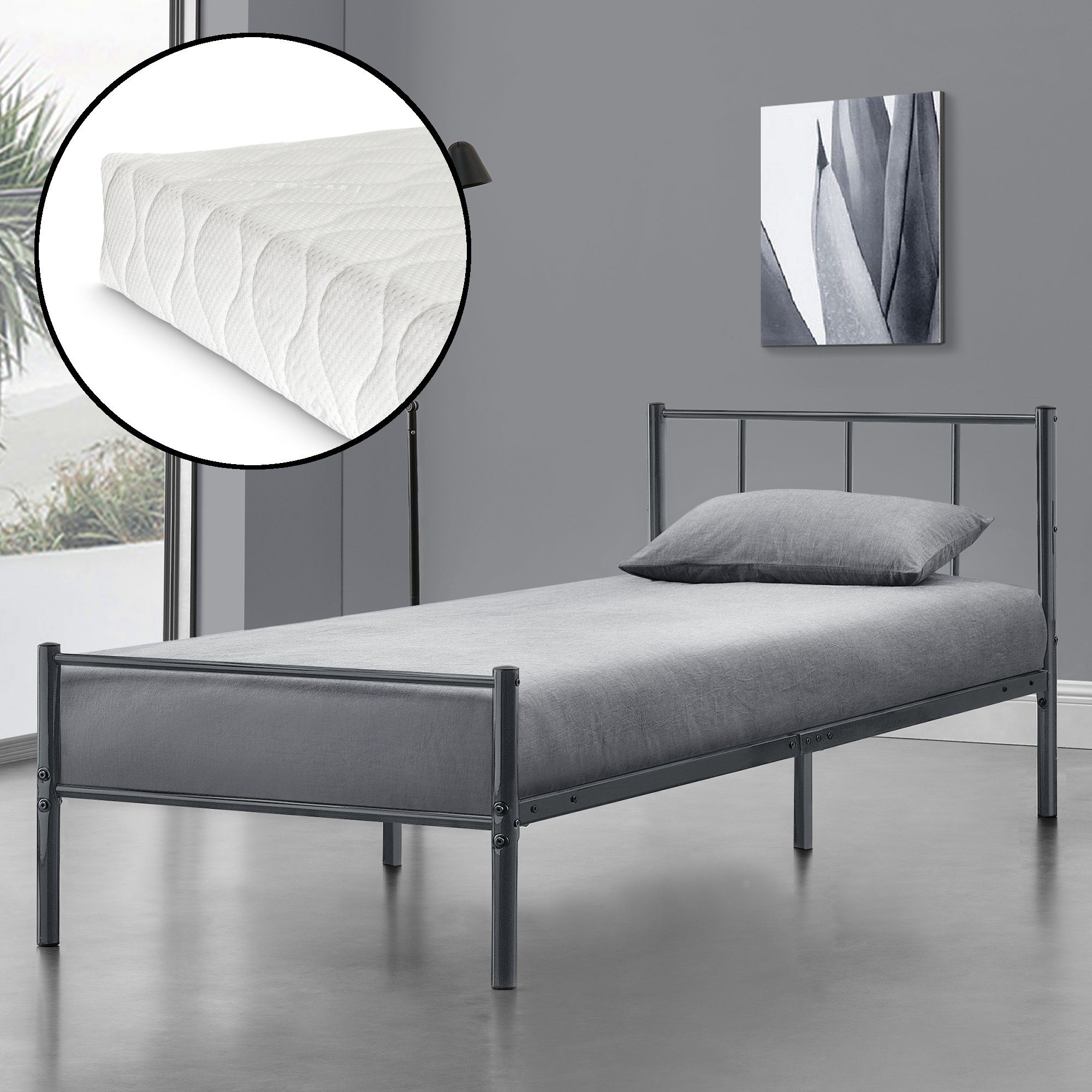 en.casa Metallbett, Laos Bettgestell mit Kaltschaummatratze 90x200cm Stahl Dunkelgrau