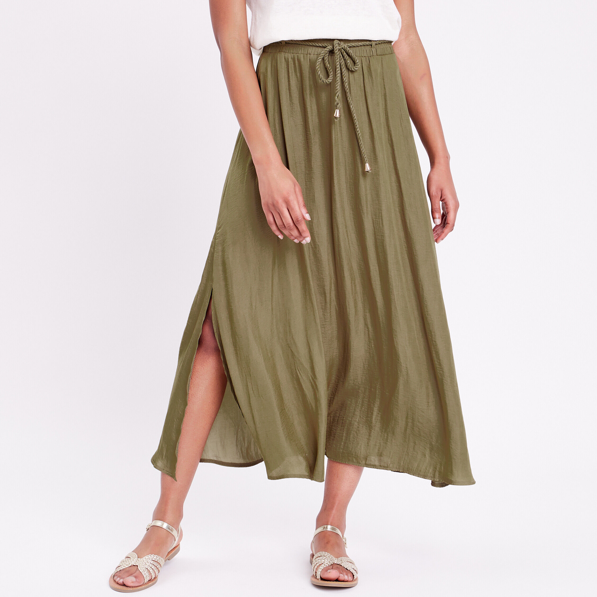 Jupe longue évasée satin vert kaki femme | Cache Cache