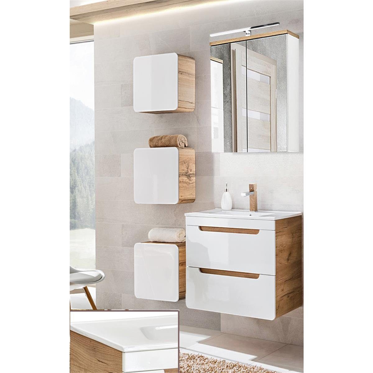 Lomadox Badmöbel-Set LUTON-56, (7-St), Eiche 60 cm Waschtisch und Spiegelschrank 110/200/46 cm