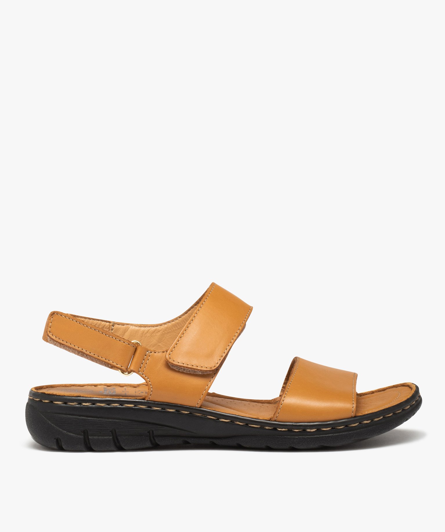 Sandales femme confort à brides scratch en cuir uni marron | GEMO