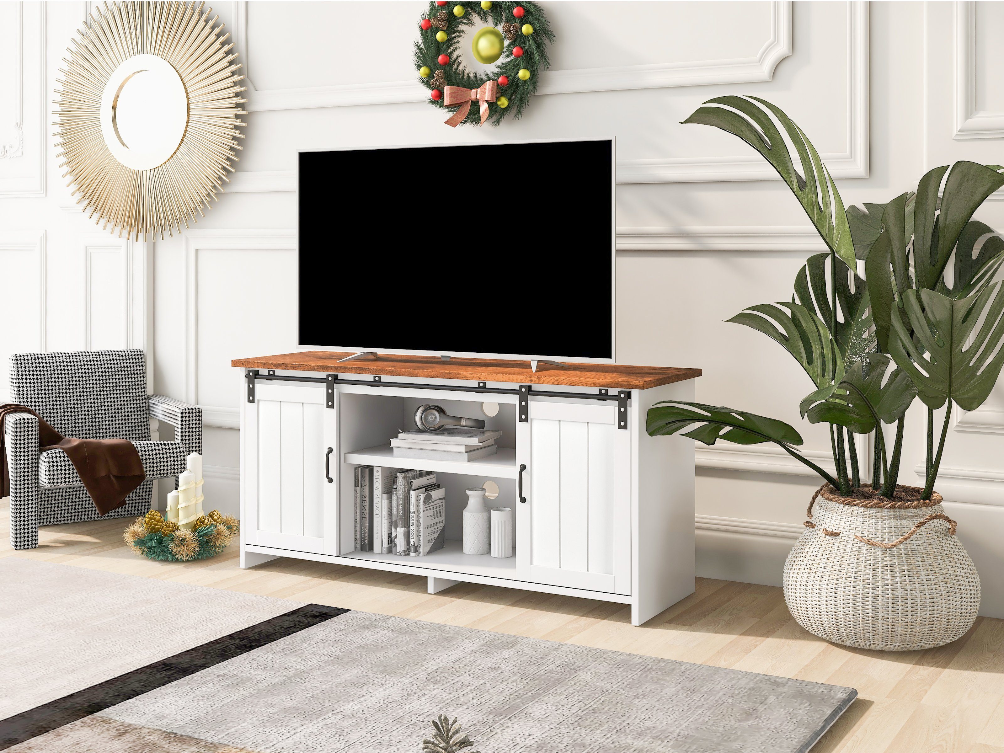 OKWISH TV-Schrank Kommode Fernsehschrank Sideboard (Aufbewahrungsschrank, Beistellschrank, mit 2 Schiebetüren, verstellbare Ablage) Ffenen Regalfächern, Wohnzimmer, Esszimmer, Flur, Industrie-Design