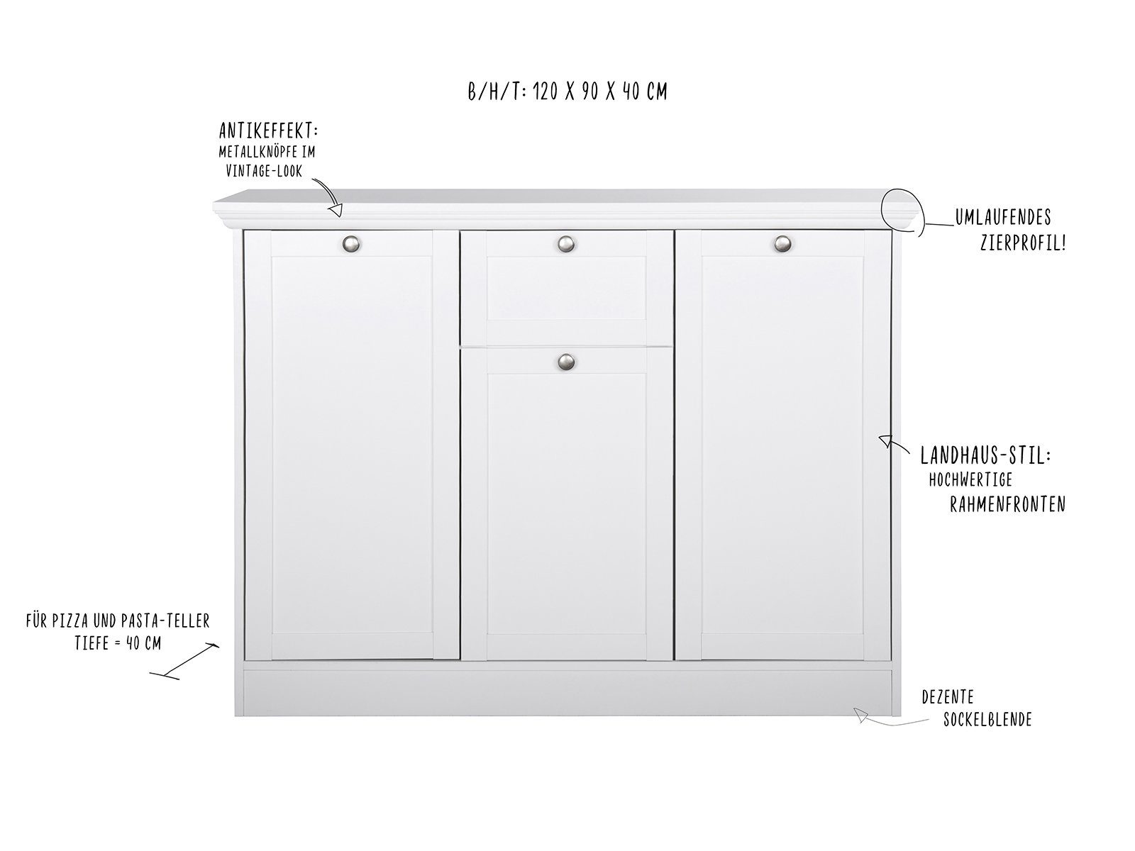 möbelando Sideboard Landsted, Schlichtes Sideboard mit 3 Rahmentüren, 1 Rahmenschubkasten und 2 Einlegeböden. Breite 120 cm, Höhe 90 cm, Tiefe 40 cm