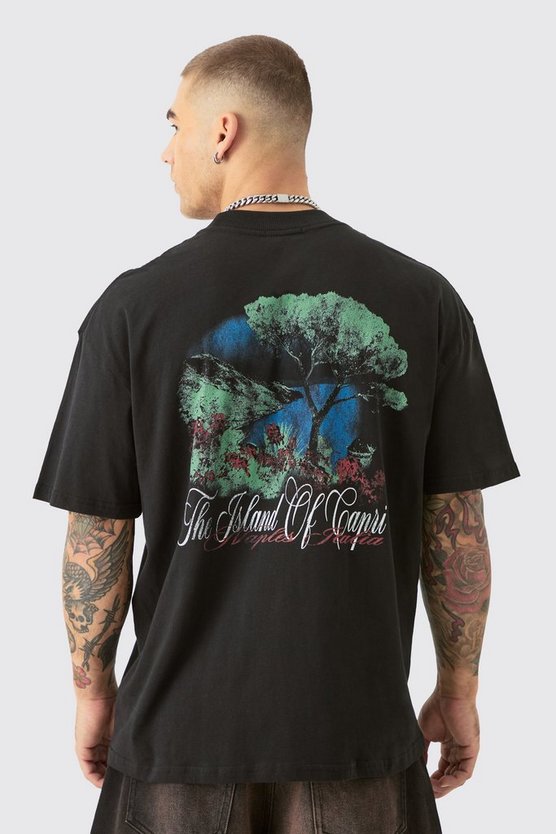 Oversized Extended Neck Capri Back Print T-shirt