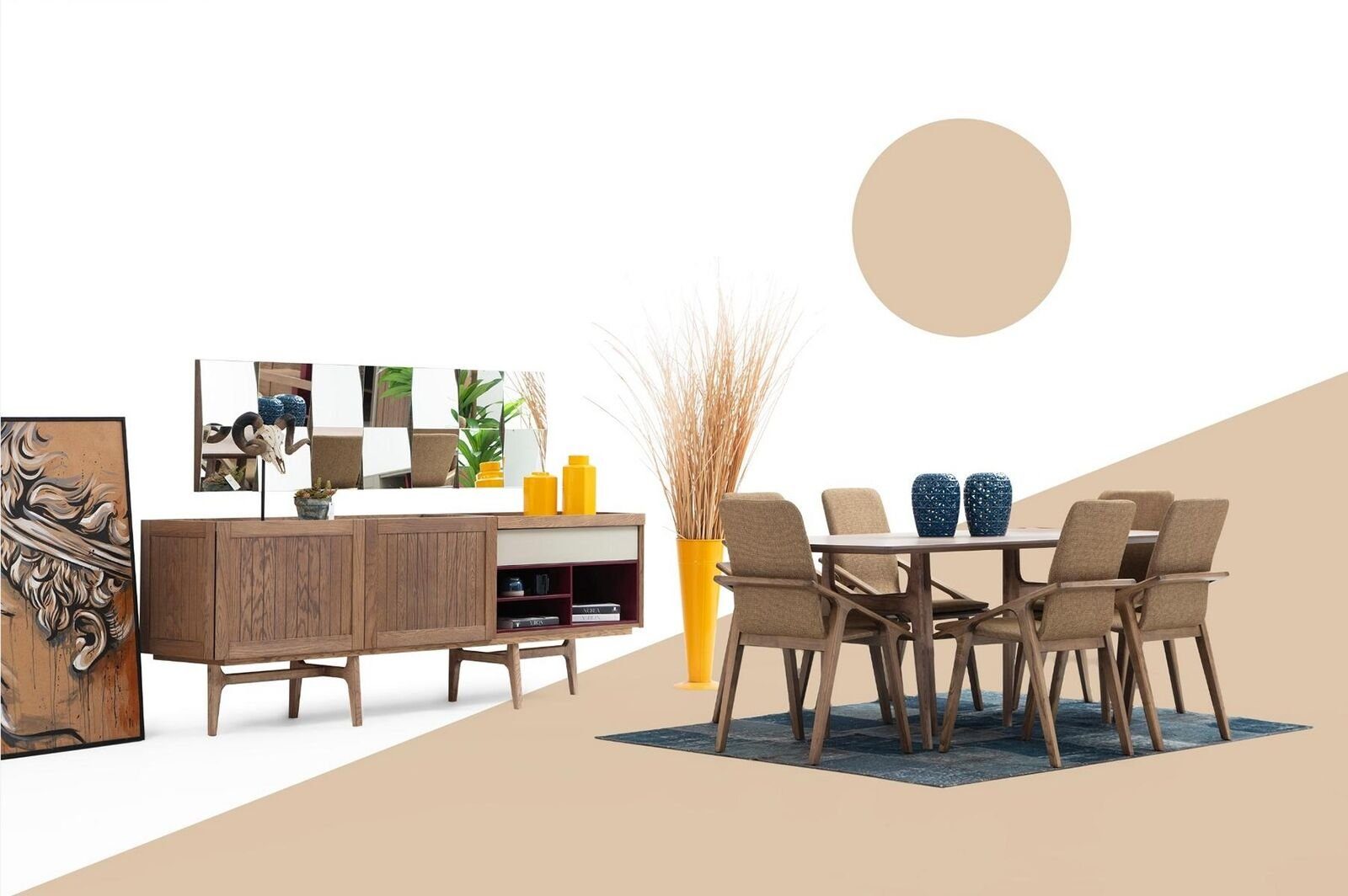 JVmoebel Esszimmer-Set Esszimmer Gruppe Esstisch Stühle Sideboard Tisch Holz Set 8tlg Weiß, (8-St., Esstisch + 6x Stühle + Sideboard), Made in Europa