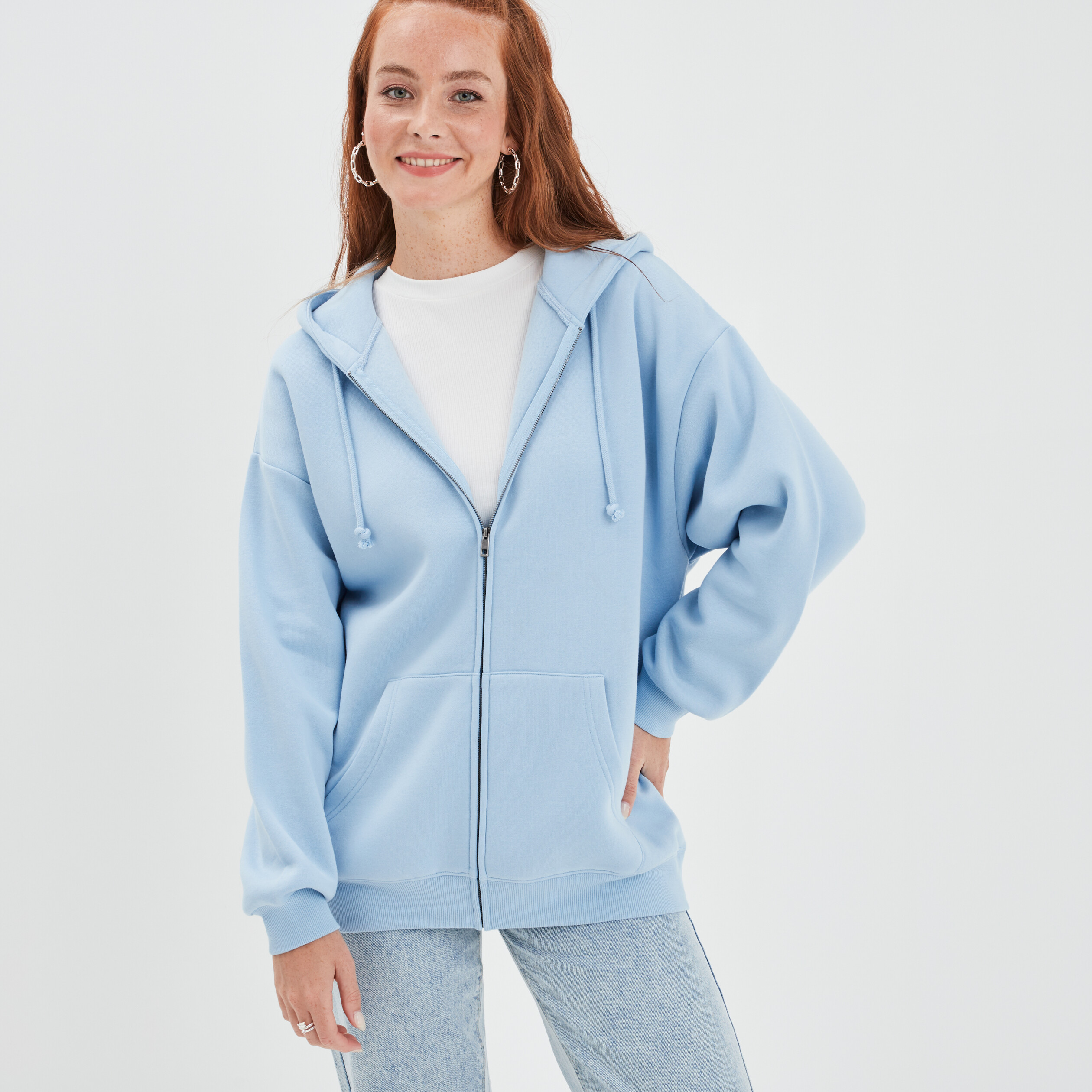 Sweat zippé à capuche oversize mi-long bleu gris femme | La Halle