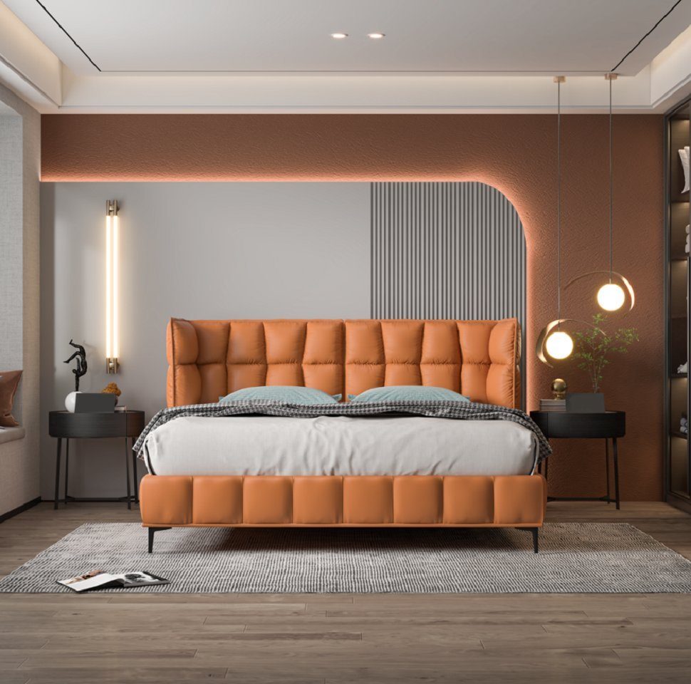 JVmoebel Bett Oranges Bett Schlafzimmer Möbel Kunstlederbetten Holzgestell Stilvoll (1-tlg., Nur Bett), Made in Europa