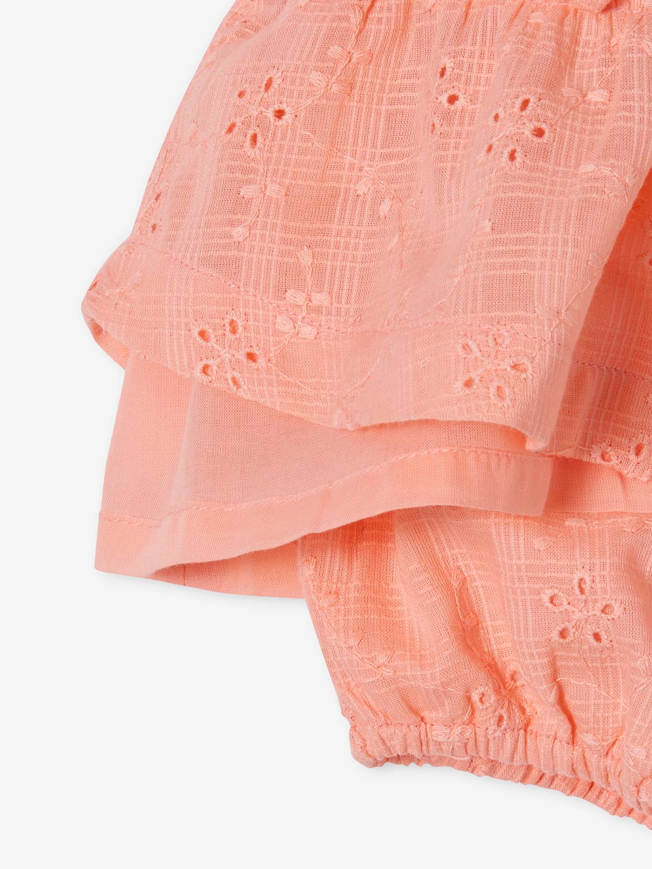 Ensemble en broderie anglaise bébé robe, bloomer et bandeau corail