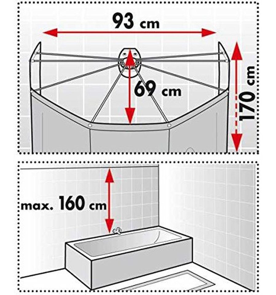 Duschvorhangspinne Ombrella, spirella, kürzbar, mit Bohren, Metall, für Duschvorhänge mit 8 Ösen, Länge 90 cm