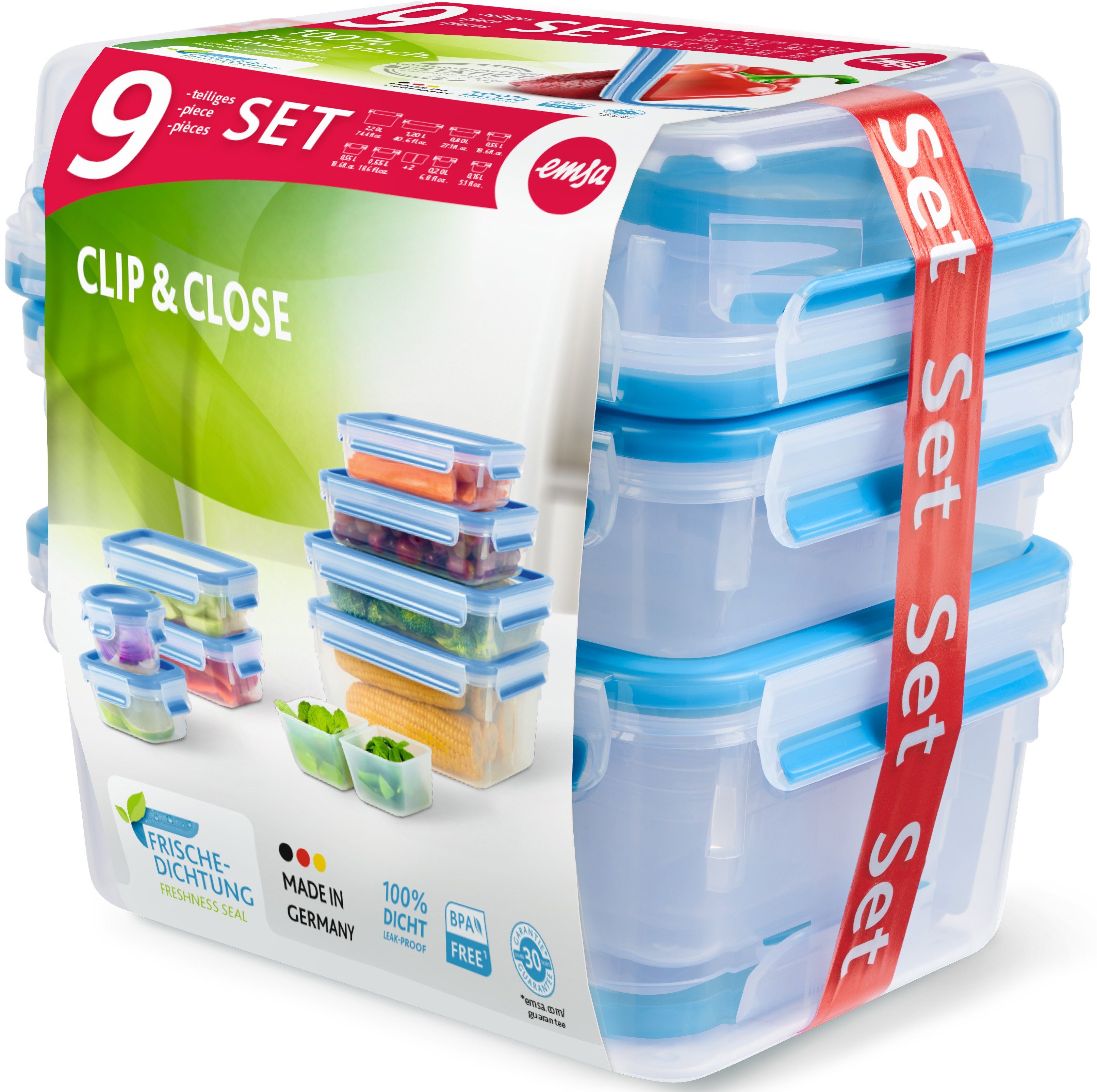 Emsa Frischhaltedose N10317 Clip & Close, Kunststoff, (Set, 9-tlg., Größen: 0,15/0,2/2*0,55/0,55 ins./0,8/1,2/2,2 Liter), 100% dicht&hygienisch, Frischedichtung, BabyCare Norm, made in Germany
