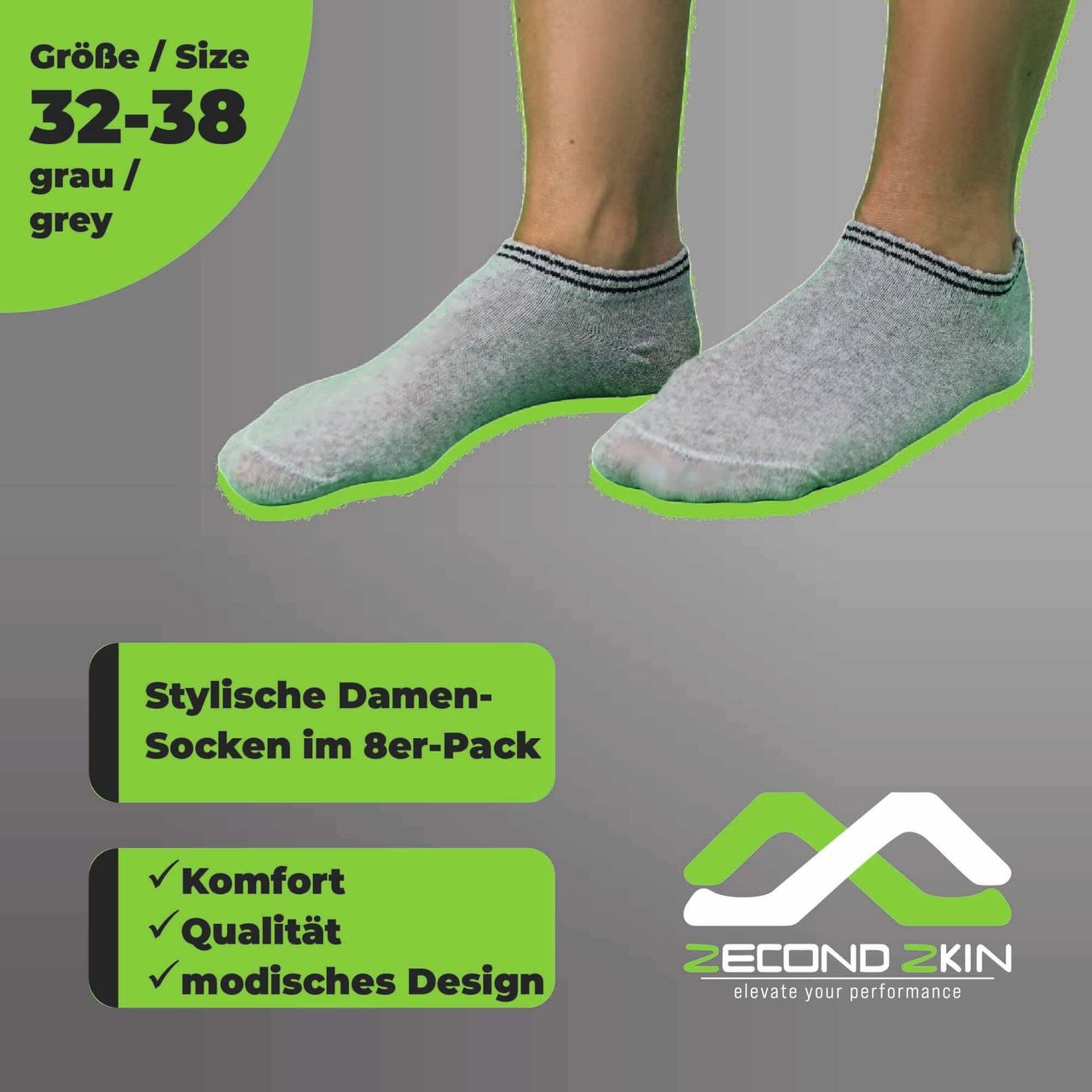 trends4cents Zecond Zkin 8 Paar Sneaker Socken Gr. 32 - 38 grau Sommersocken Füßlinge aus Baumwolle