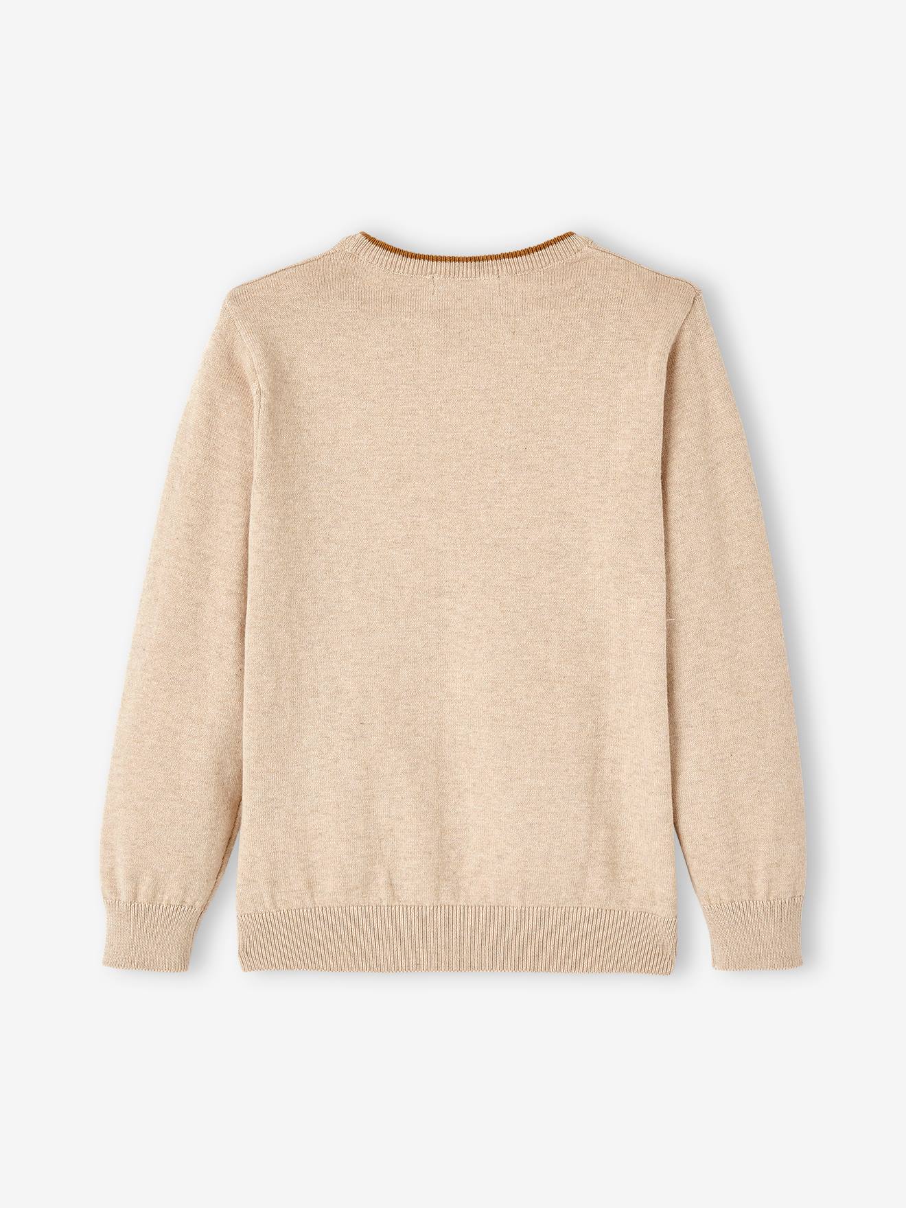 Pull couleur col rond Basics garçon ecru chine