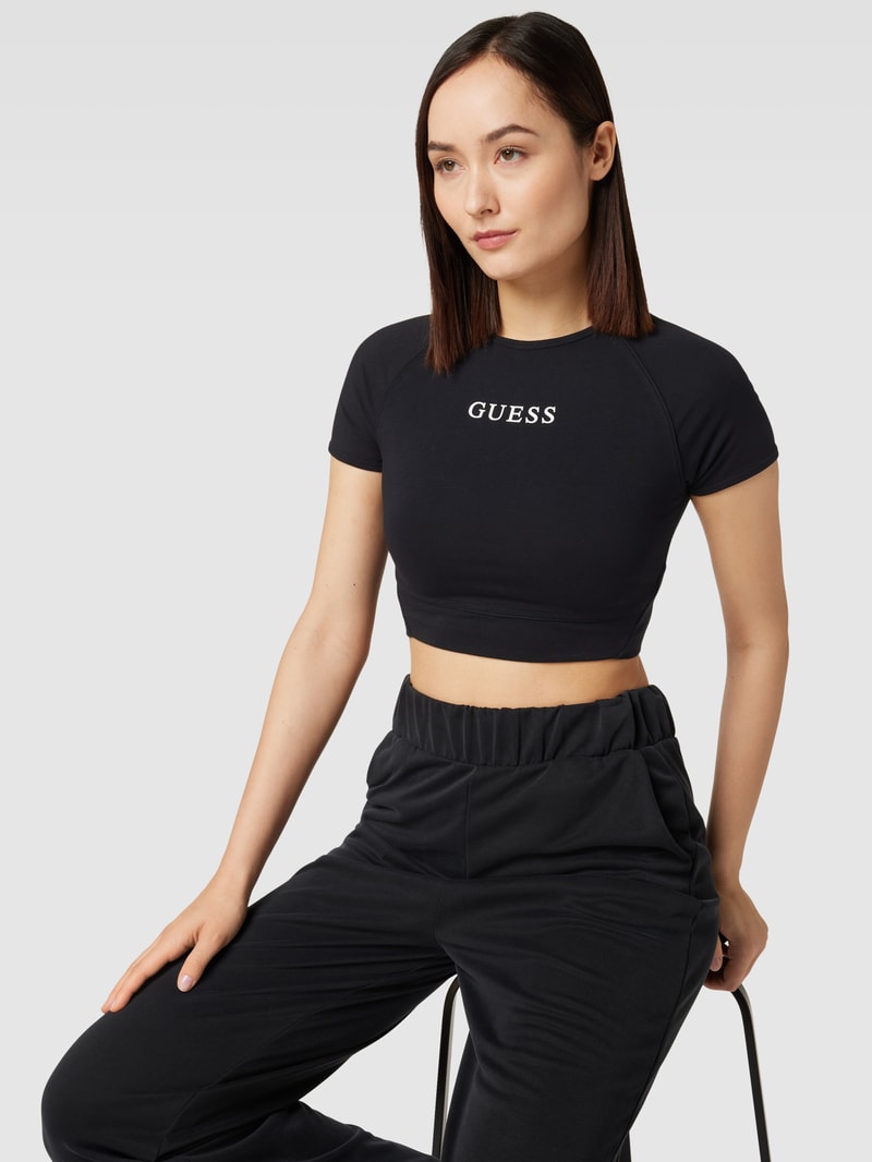 Cropped T-Shirt mit Label-Print Modell 'ALINE' in schwarz