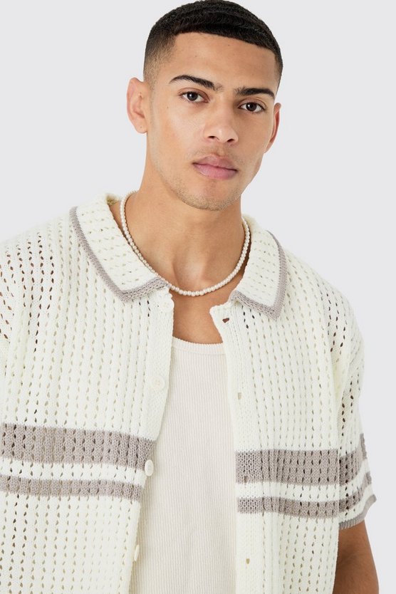 Kastiges Oversize Strick-Hemd mit Statement-Streifen