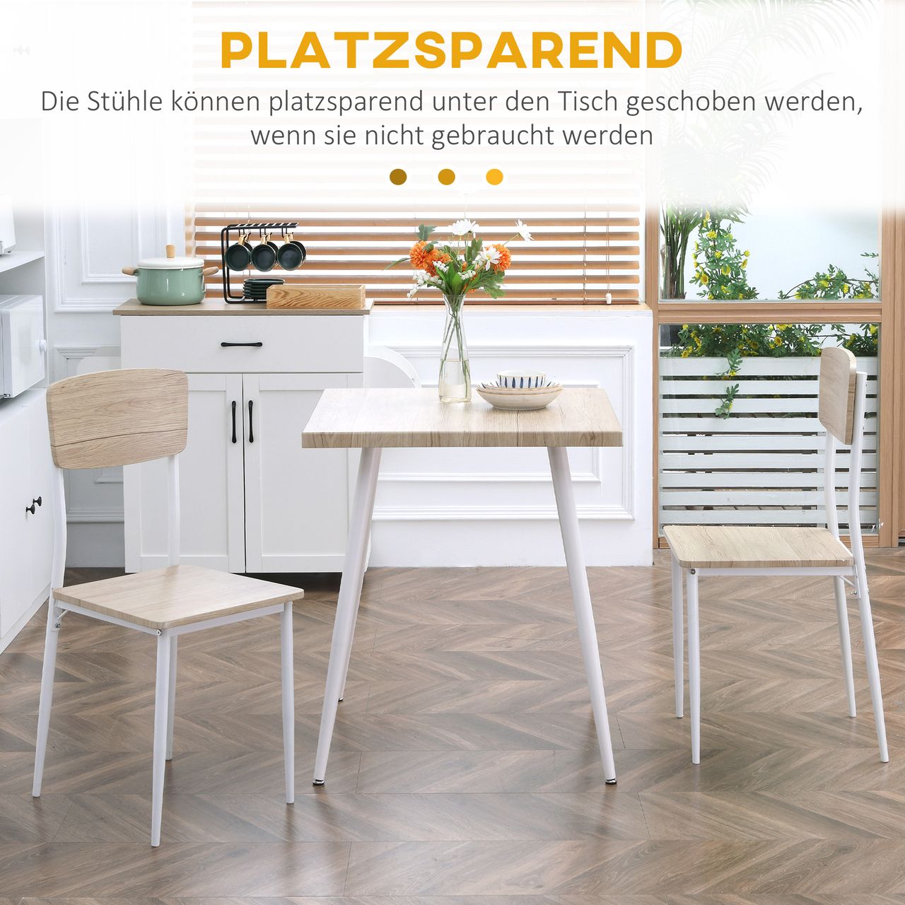 HOMCOM 3-teilige Essgruppe Esszimmergruppe Küchentisch mit Metallgestell Sitzgruppe Esstisch Set Holzmaserung MDF, Metall, Nautr Weiß mit 1 Tisch   2 Stühlen