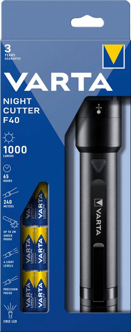 VARTA Taschenlampe Night Cutter F40 Premium (Set), 1000 Lumen Leuchtstärke, vier Leuchtmodi, schwarz