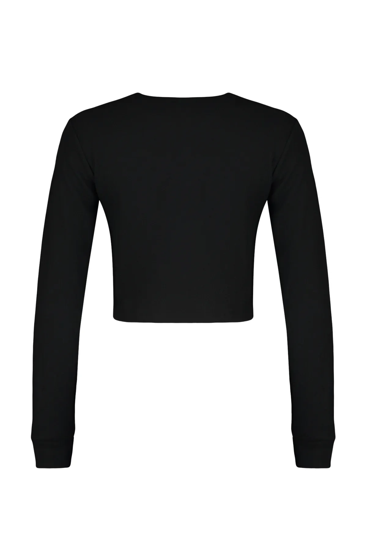 Trendyol Collection  Schwarze, schulterfreie, bauchfreie Strickbluse mit Rundhalsausschnitt und Selanik-/Strickwaren-Look TWOAW24BZ00168