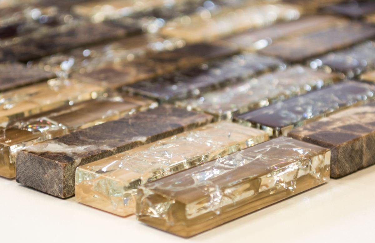 Mosani Mosaikfliesen Glasmosaik Naturstein Mosaik dunkelbeige glänzend / 10 Matten