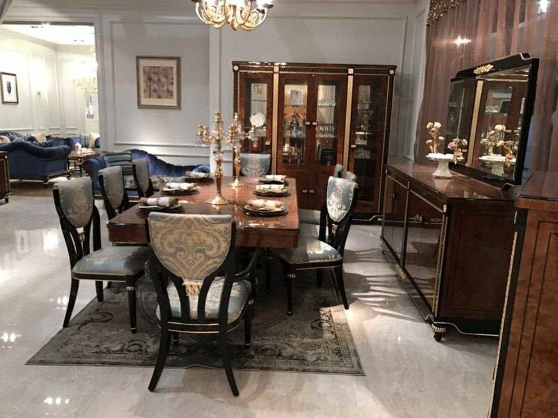 JVmoebel Esszimmer-Set, 10tlg. Esszimmer Set Garnitur Vitrine Tisch 6x Stuhl Kommode Spiegel