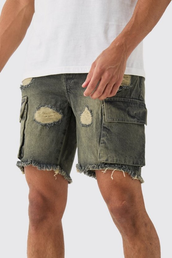 Zerrissene Slim-Fit Jeansshorts mit Cargo-Taschen