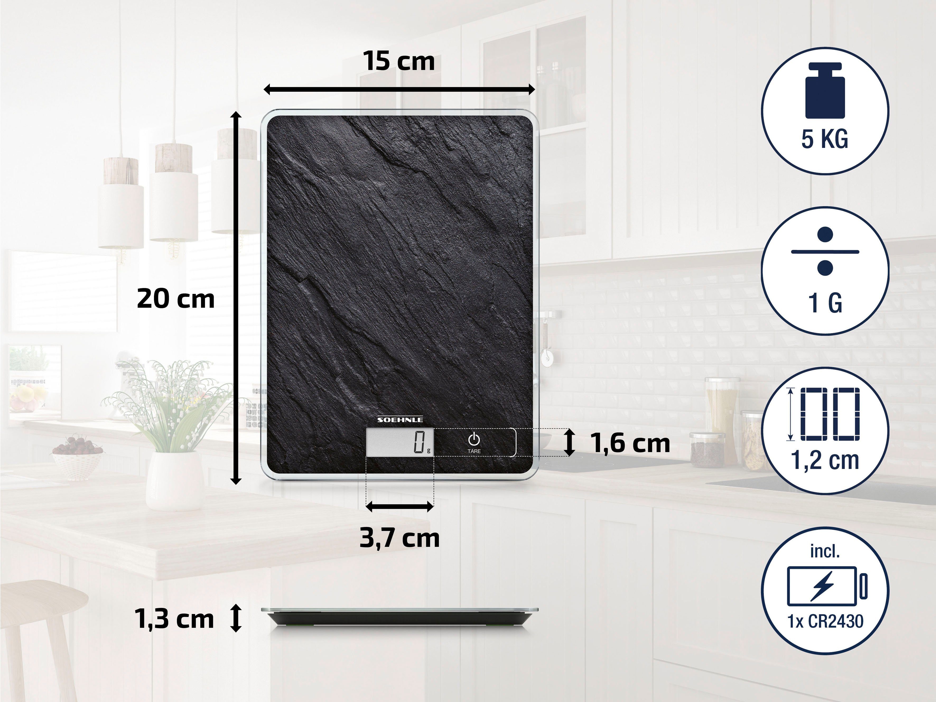 Soehnle Küchenwaage Page Compact 300 Slate, Tragkraft 5 kg, 1 g genaue Teilung