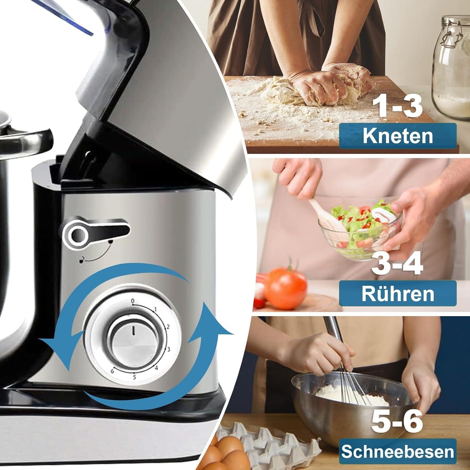Kraftline Küchenmaschine 4in1 2500W 12L 6 Gänge Edelstahl Design Ideal für Brot und Pizzateig, 2500,00 W, 2500W Motor, 12L Edelstahlschüssel, Spülmaschinenfest