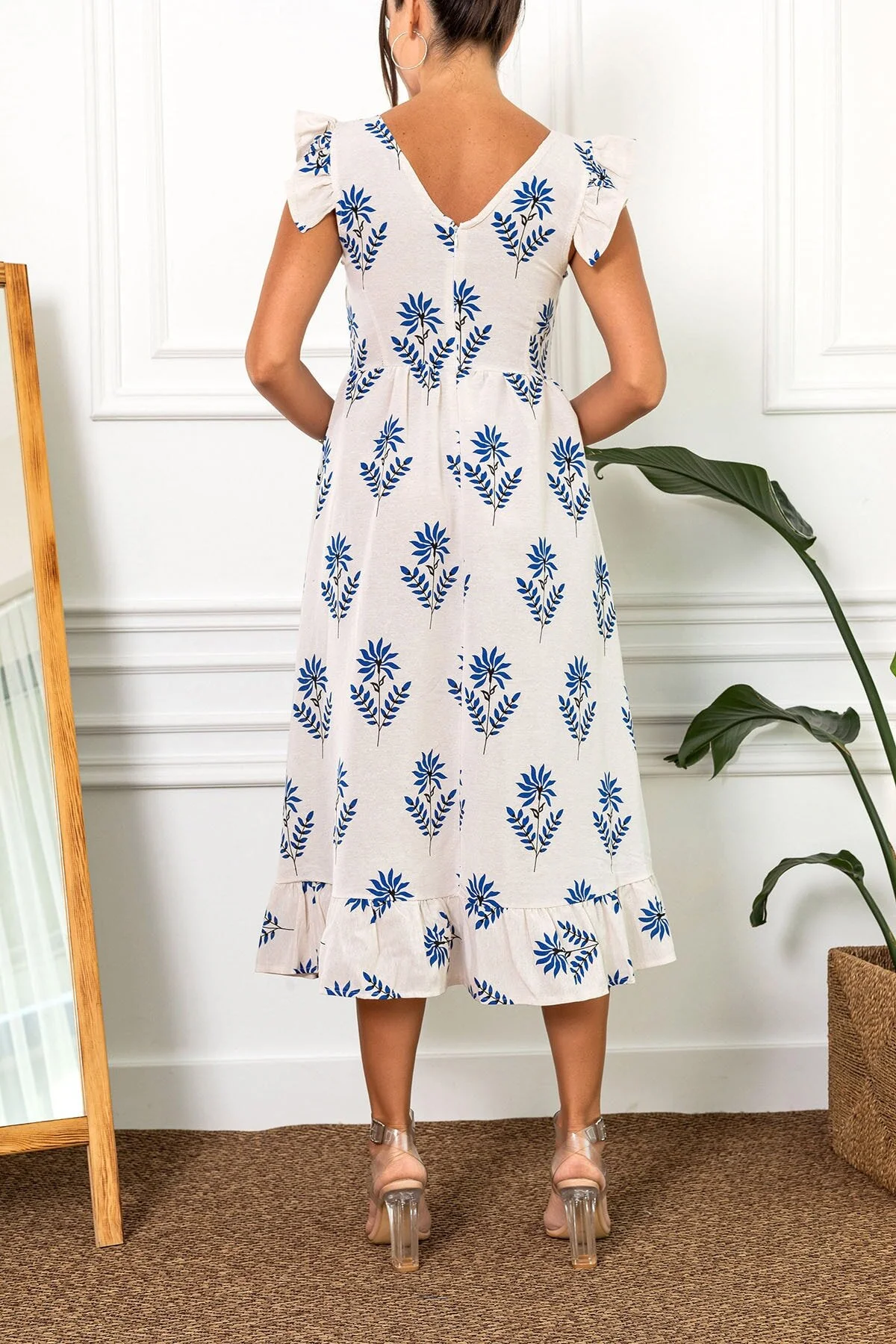 armonika  Langes Damenkleid mit Saxärmeln, Rüschen am Rücken und Reißverschluss ARM-23Y001114